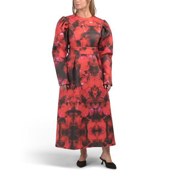 NANCY YANG Red Puff Sleeve Maxi Dress - Picture 1 of 2